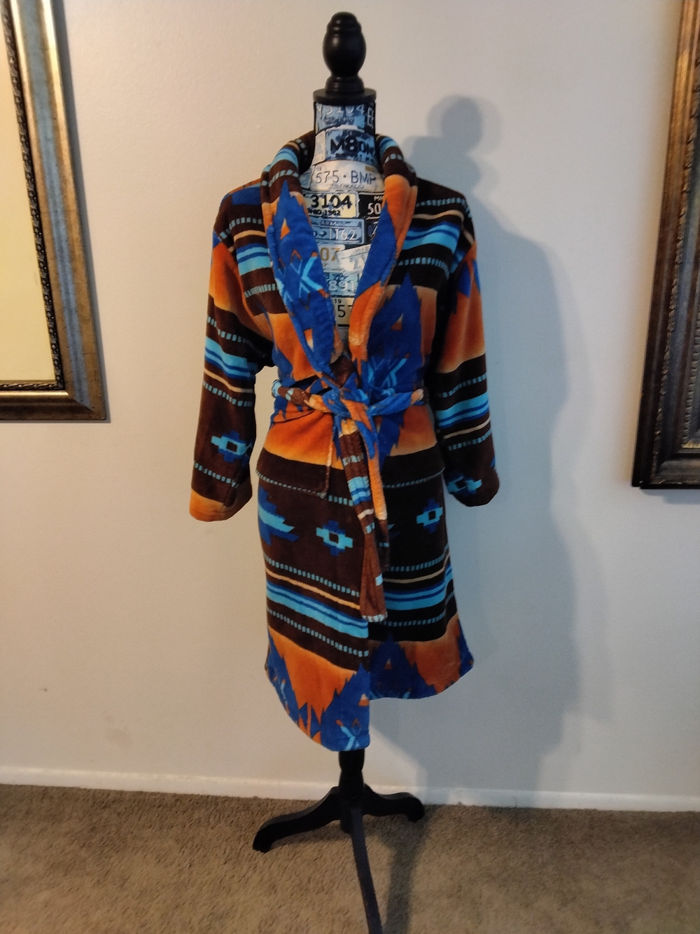 Aztec Print Plush Wrap Robe in Orange, Blue & Brown